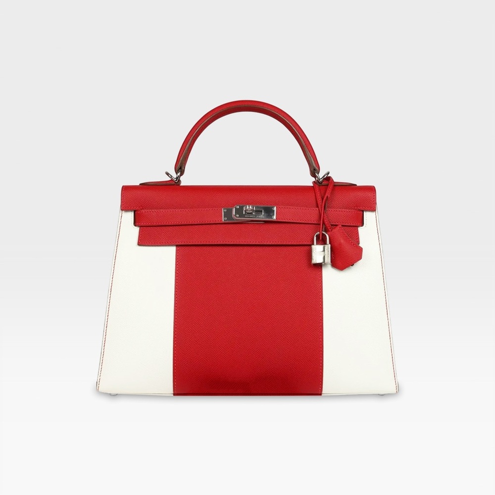 Hermès  Kelly Sellier 32 Flag - Rouge Casaque & White Epsom
